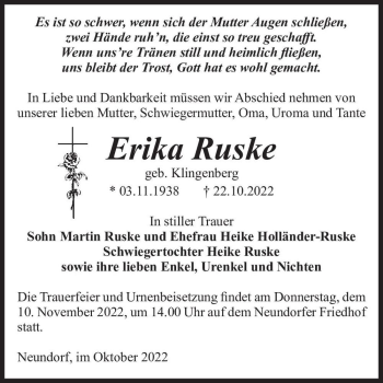 Traueranzeige von Erika Ruske (geb. Klingenberg)  von Magdeburger Volksstimme