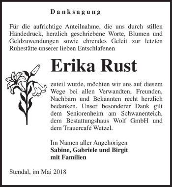 Traueranzeige von Erika Rust  von Magdeburger Volksstimme