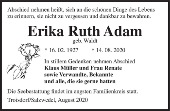 Traueranzeige von Erika Ruth Adam (geb. Waldt)  von Magdeburger Volksstimme