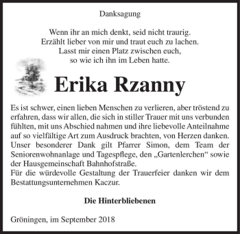 Traueranzeige von Erika Rzanny  von Magdeburger Volksstimme
