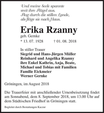 Traueranzeige von Erika Rzanny (geb. Gernke)  von Magdeburger Volksstimme