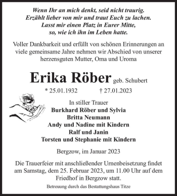 Traueranzeige von Erika Röber (geb. Schubert)  von Magdeburger Volksstimme