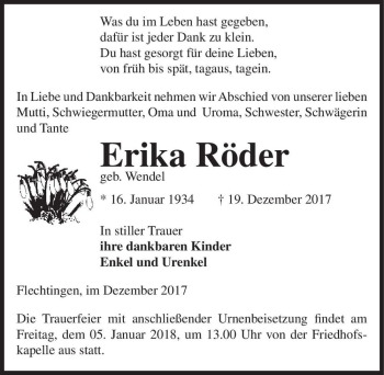 Traueranzeige von Erika Röder (geb. Wendel)  von Magdeburger Volksstimme