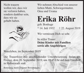 Traueranzeige von Erika Röhr (geb. Bonhage)  von Magdeburger Volksstimme