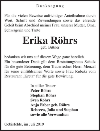 Traueranzeige von Erika Röhrs (geb. Bittner)  von Magdeburger Volksstimme
