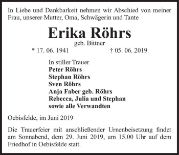 Traueranzeige von Erika Röhrs (geb. Bittner)  von Magdeburger Volksstimme