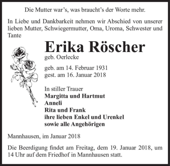 Traueranzeige von Erika Röscher (geb. Oerlecke)  von Magdeburger Volksstimme