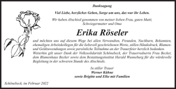 Traueranzeige von Erika Röseler  von Magdeburger Volksstimme