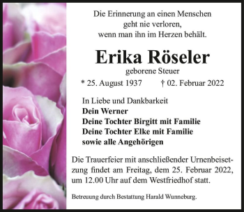 Traueranzeige von Erika Röseler (geb. Steuer)  von Magdeburger Volksstimme