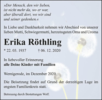 Traueranzeige von Erika Röthling  von Magdeburger Volksstimme