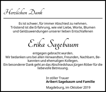 Traueranzeige von Erika Sagebaum  von Magdeburger Volksstimme