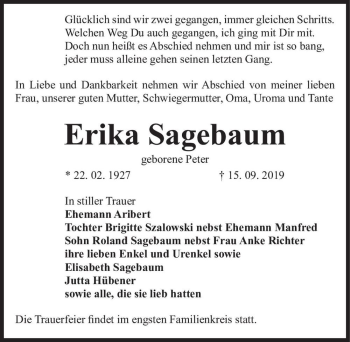 Traueranzeige von Erika Sagebaum (geb. Peter)  von Magdeburger Volksstimme