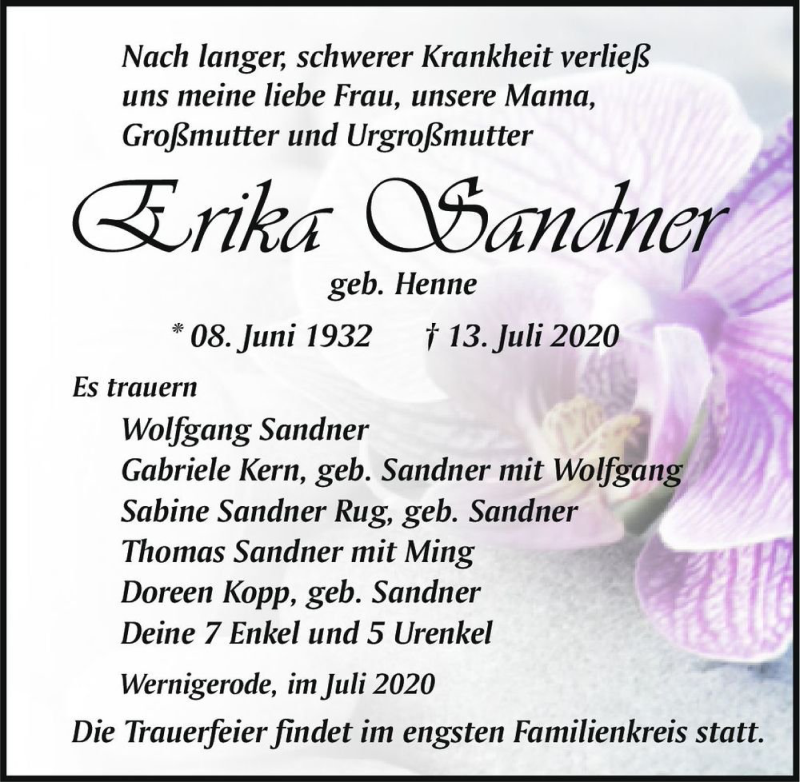  Traueranzeige für Erika Sandner (geb. Henne)  vom 25.07.2020 aus Magdeburger Volksstimme