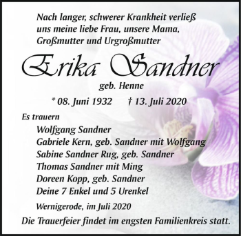 Traueranzeige von Erika Sandner (geb. Henne)  von Magdeburger Volksstimme