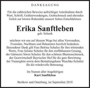 Traueranzeige von Erika Sanftleben (geb. Schenk)  von Magdeburger Volksstimme