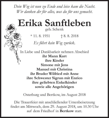 Traueranzeige von Erika Sanftleben (geb. Schenk)  von Magdeburger Volksstimme