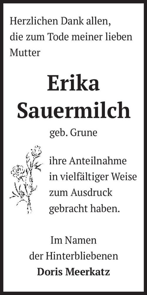  Traueranzeige für Erika Sauermilch (geb. Grune)  vom 03.07.2021 aus Magdeburger Volksstimme