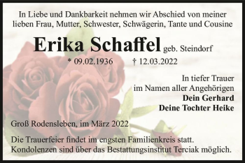 Traueranzeige von Erika Schaffel (geb. Steindorf)  von Magdeburger Volksstimme