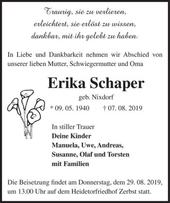 Traueranzeige von Erika Schaper (geb. Nixdorf)  von Magdeburger Volksstimme