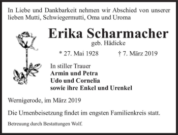 Traueranzeige von Erika Scharmacher (geb. Hädicke)  von Magdeburger Volksstimme
