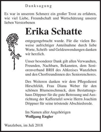Traueranzeige von Erika Schatte  von Magdeburger Volksstimme