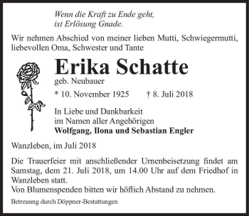 Traueranzeige von Erika Schatte (geb. Neubauer)  von Magdeburger Volksstimme