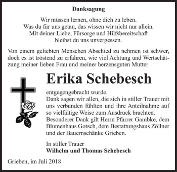 Traueranzeige von Erika Schebesch  von Magdeburger Volksstimme