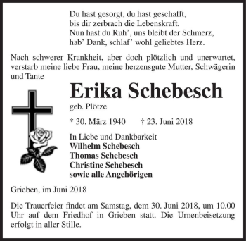 Traueranzeige von Erika Schebesch (geb. Plötze)  von Magdeburger Volksstimme