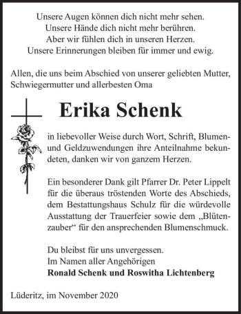 Traueranzeige von Erika Schenk  von Magdeburger Volksstimme