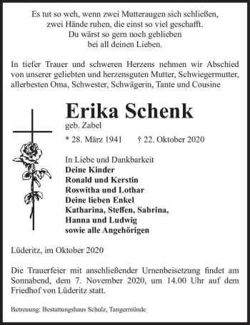 Traueranzeige von Erika Schenk (geb. Zabel)  von Magdeburger Volksstimme