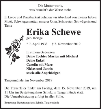 Traueranzeige von Erika Schewe (geb. Körtge)  von Magdeburger Volksstimme