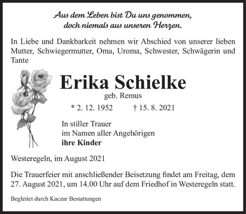  Traueranzeige für Erika Schielke (geb. Remus)  vom 20.08.2021 aus Magdeburger Volksstimme