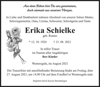 Traueranzeige von Erika Schielke (geb. Remus)  von Magdeburger Volksstimme