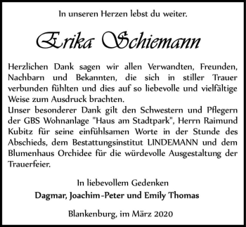 Traueranzeige von Erika Schiemann  von Magdeburger Volksstimme