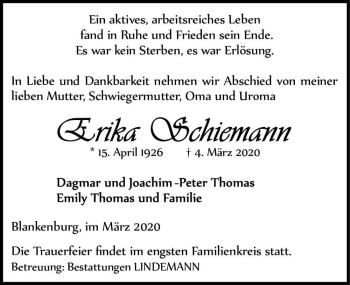 Traueranzeige von Erika Schiemann  von Magdeburger Volksstimme