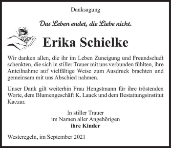 Traueranzeige von Erika Schilke  von Magdeburger Volksstimme