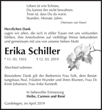 Traueranzeige von Erika Schiller  von Magdeburger Volksstimme