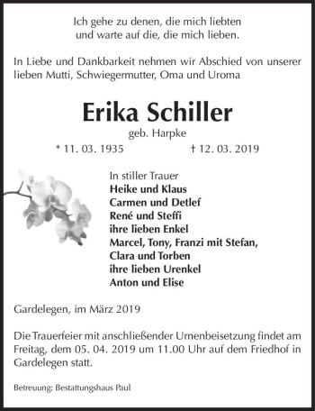 Traueranzeige von Erika Schiller (geb. Harpke)  von Magdeburger Volksstimme