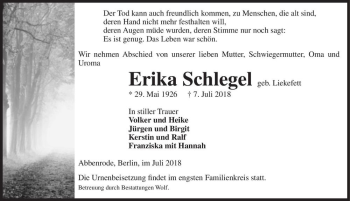 Traueranzeige von Erika Schlegel (geb. Liekefett)  von Magdeburger Volksstimme
