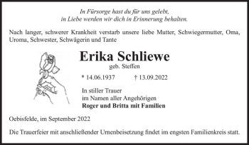 Traueranzeige von Erika Schliewe (geb. Steffen)  von Magdeburger Volksstimme