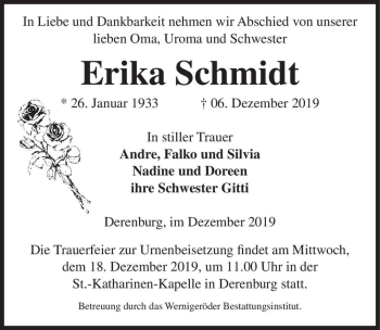 Traueranzeige von Erika Schmidt  von Magdeburger Volksstimme