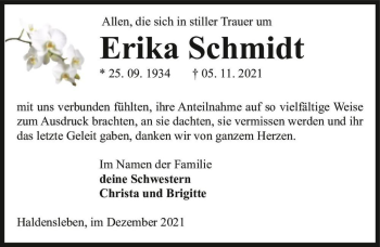 Traueranzeige von Erika Schmidt  von Magdeburger Volksstimme
