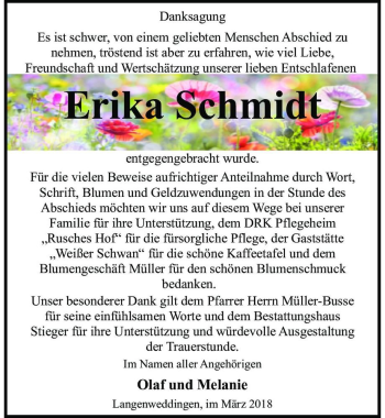 Traueranzeige von Erika Schmidt  von Magdeburger Volksstimme