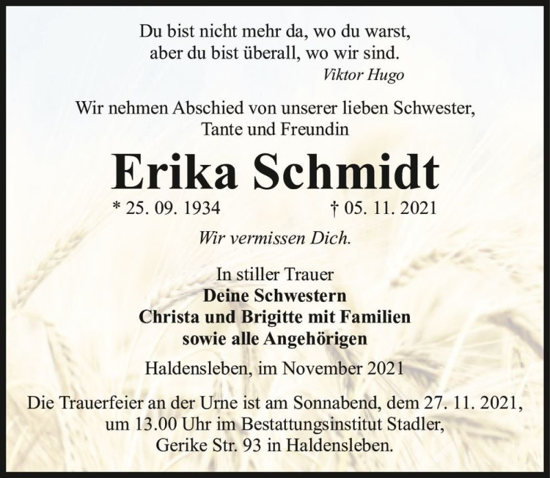  Traueranzeige für Erika Schmidt  vom 13.11.2021 aus Magdeburger Volksstimme
