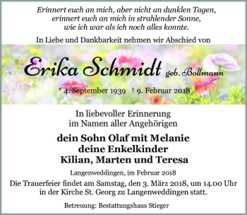 Traueranzeige von Erika Schmidt (geb. Bollmann)  von Magdeburger Volksstimme