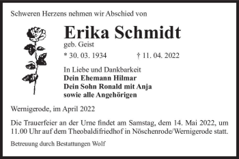 Traueranzeige von Erika Schmidt (geb. Geist)  von Magdeburger Volksstimme