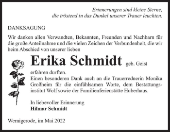 Traueranzeige von Erika Schmidt (geb. Geist)  von Magdeburger Volksstimme