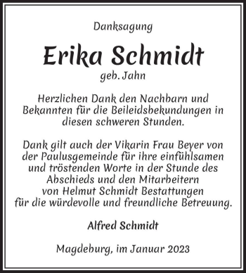 Traueranzeige von Erika Schmidt (geb. Jahn)  von Magdeburger Volksstimme