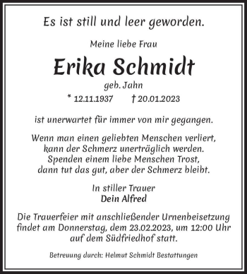 Traueranzeige von Erika Schmidt (geb. Jahn)  von Magdeburger Volksstimme
