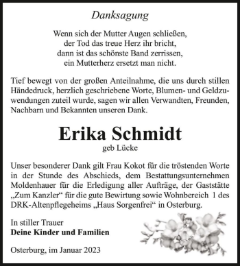 Traueranzeige von Erika Schmidt (geb. Lücke)  von Magdeburger Volksstimme